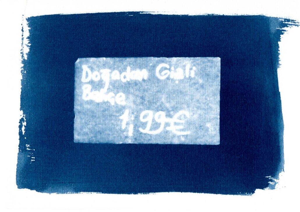 cyanotype-artistique-metamorphoses-24 Cyanotype d’une étiquette de prix de légume abandonnée sur le bitume, réalisée à Rennes dans le quartier Bréquigny.